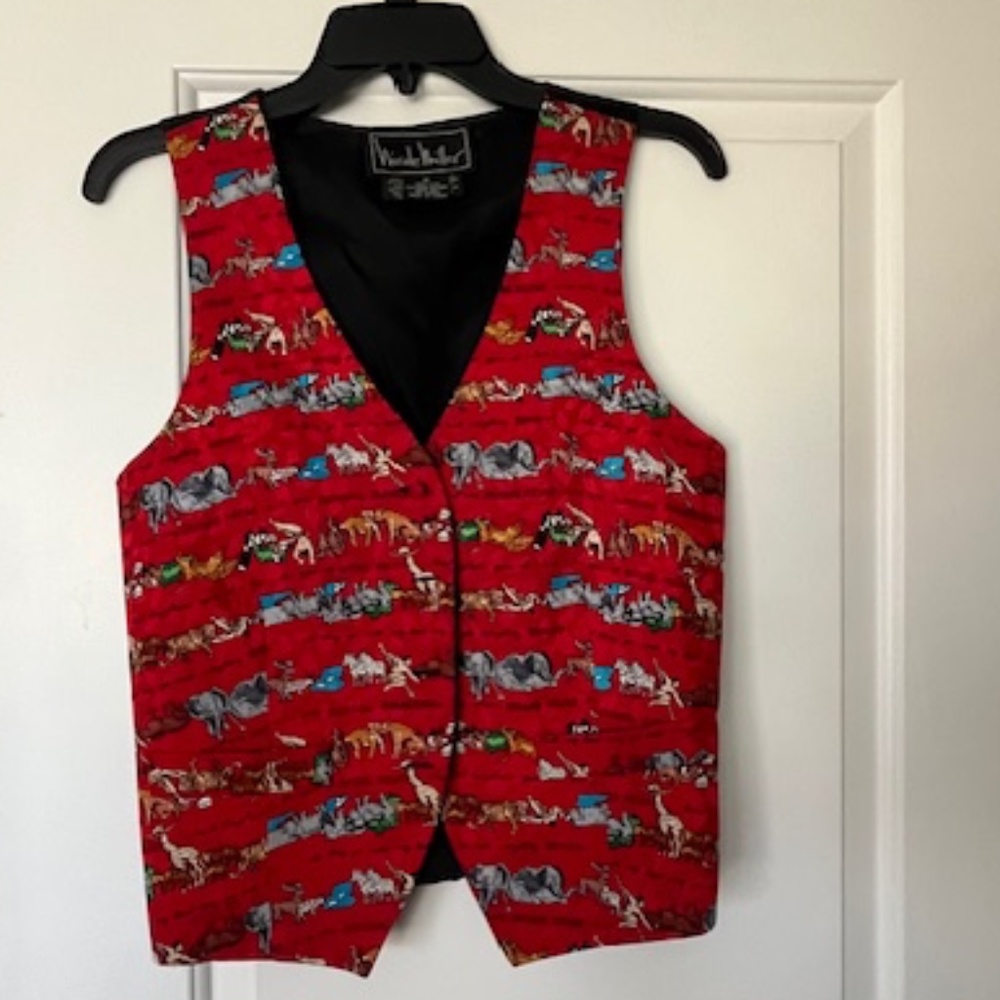 Vtg 90s Nicole Miller Red Silk Animal Print Vest Sz M Teacher Quirky Arty Retro